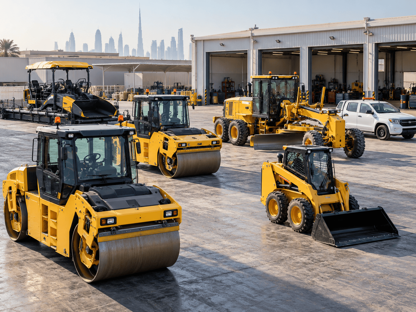 Organized road construction equipment fleet in a Dubai yard