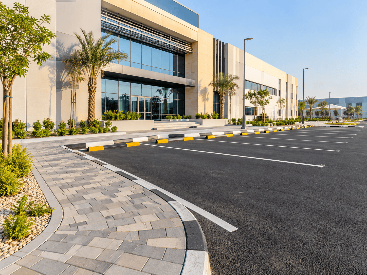 Completed parking area with asphalt, interlock and kerbstone works