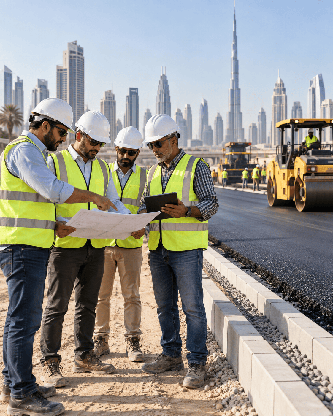 New Jewel site engineers reviewing road works beside asphalt paving in Dubai