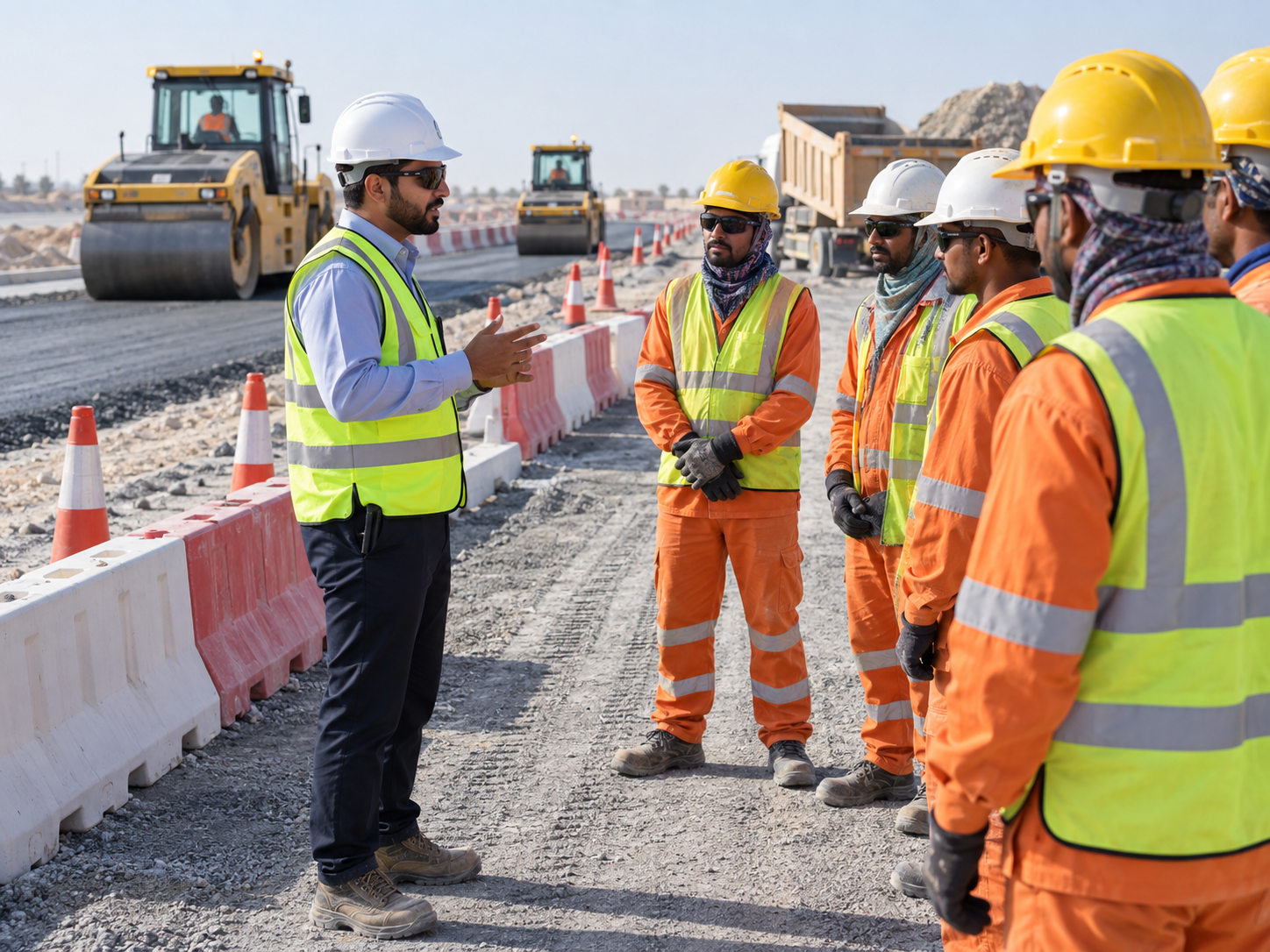 Safety officer conducting toolbox talk with road works team